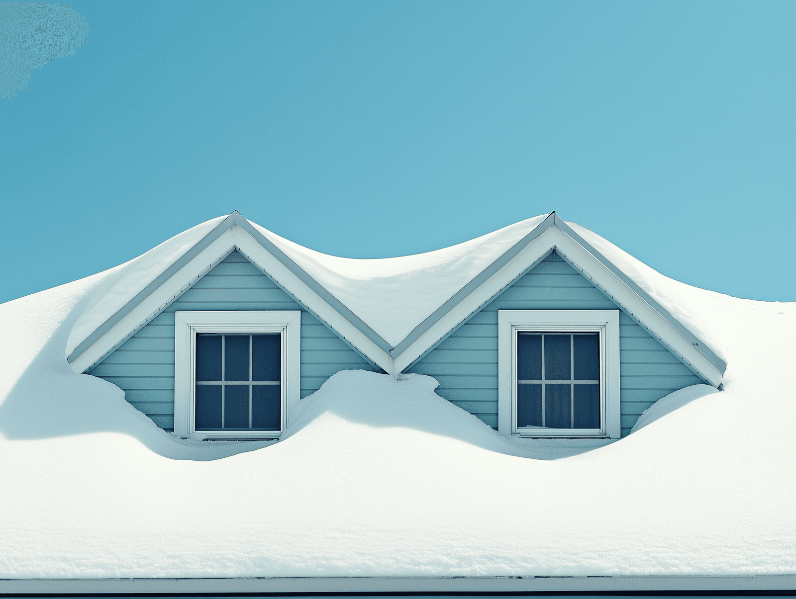  Deux lucarnes d'une maison bleue partiellement ensevelies sous une épaisse couche de neige.