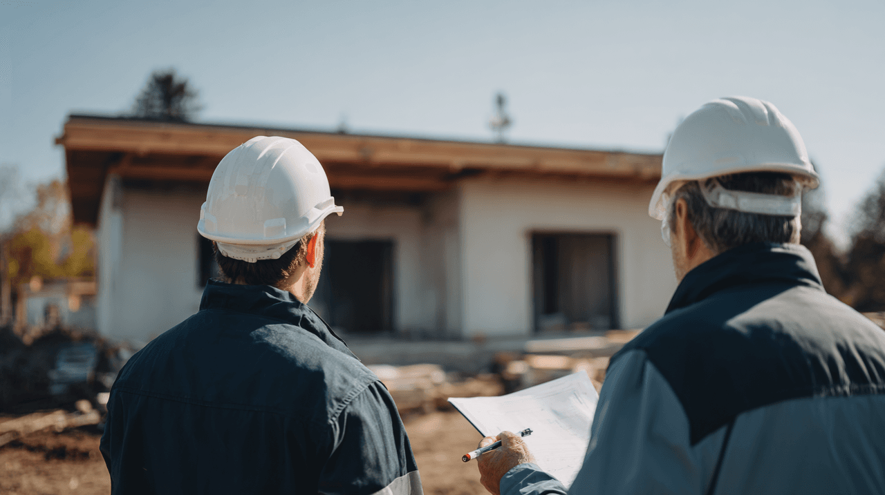 Deux travailleurs de construction avec casques inspectant une maison en chantier avec plan à la main