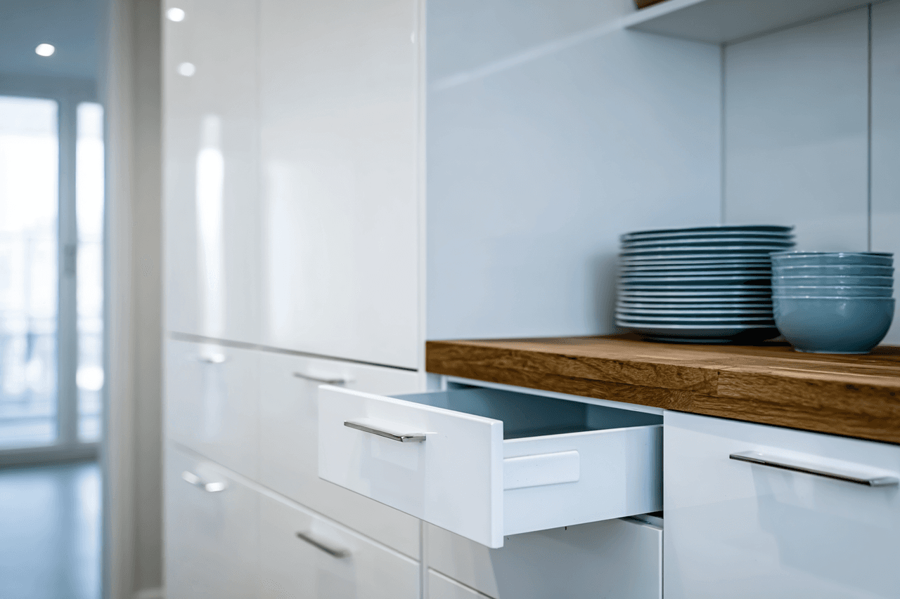 Tiroir de cuisine blanc moderne légèrement ouvert avec poignées métalliques et comptoir en bois naturel. Cuisine minimaliste avec rangement intégré et vaisselle empilée sur le comptoir dans un espace résidentiel lumineux.