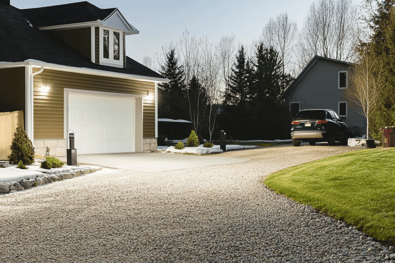 Entrée résidentielle en gravier avec garage blanc, maison à revêtement extérieur beige, éclairage mural, pelouse entretenue et aménagement paysager avec arbres