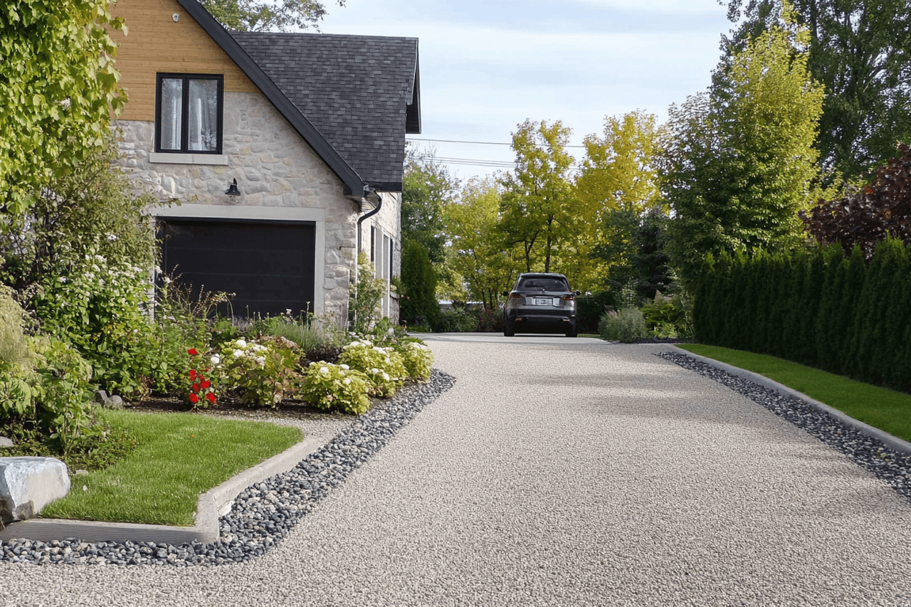 Entrée résidentielle avec revêtement en pavage de résine et pierre, aménagement paysager soigné et maison en pierre naturelle