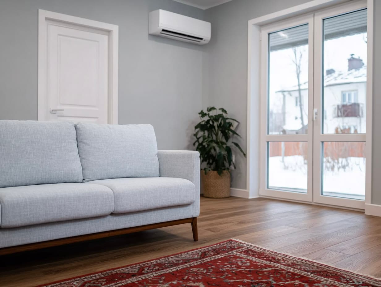 Salon moderne avec canapé gris, plancher bois, thermopompe murale et grande fenêtre donnant sur un extérieur enneigé.
