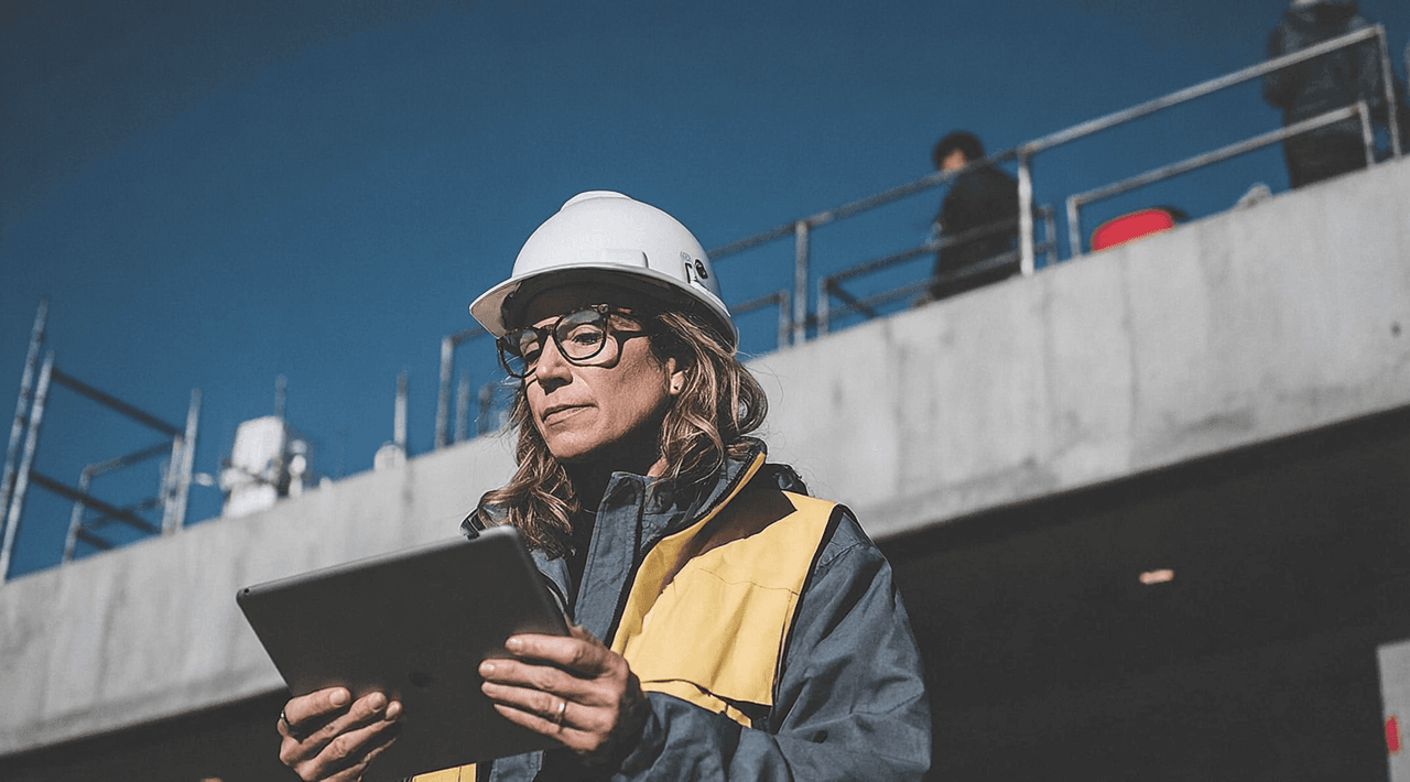 Femme ingénieure sur un chantier de construction consultant une tablette numérique avec casque de sécurité et veste de travail