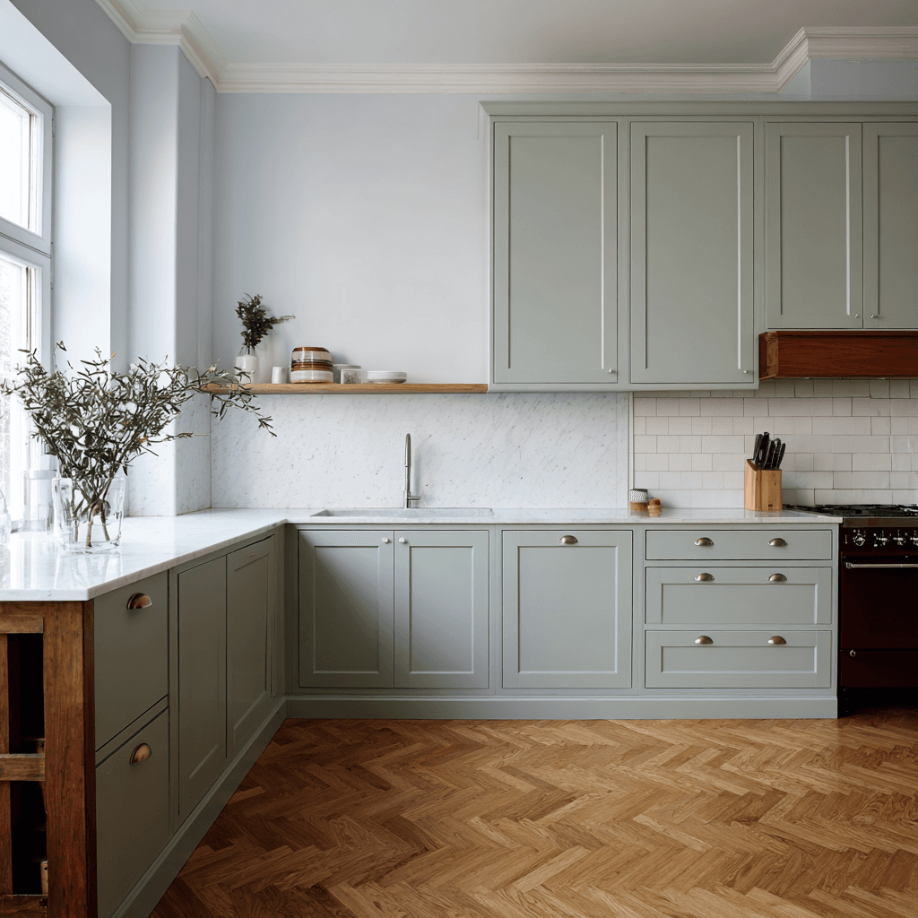 Cuisine classique rénovée avec armoires vert sauge, comptoir en marbre blanc, dosseret en tuiles, évier intégré et plancher en bois chevron