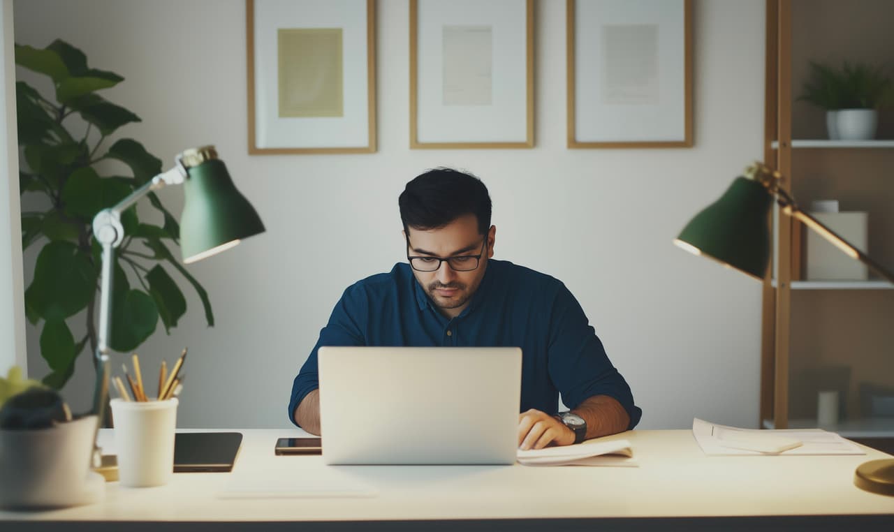 Homme concentré travaillant sur un ordinateur portable dans un bureau moderne bien éclairé avec lampe de bureau et décoration murale minimaliste.