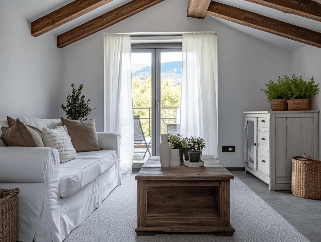Salon moderne avec plafond cathédrale, poutres apparentes en bois, grande porte-patio et mobilier contemporain