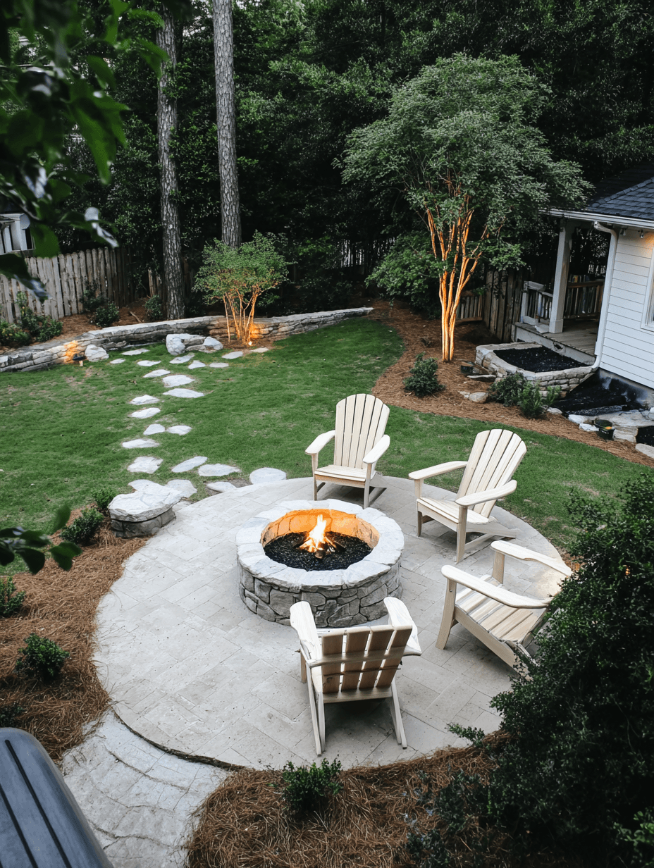 Terrasse extérieure aménagée avec foyer en pierre, chaises Adirondack, pavé uni circulaire, pelouse verdoyante et éclairage paysager dans une cour boisée
