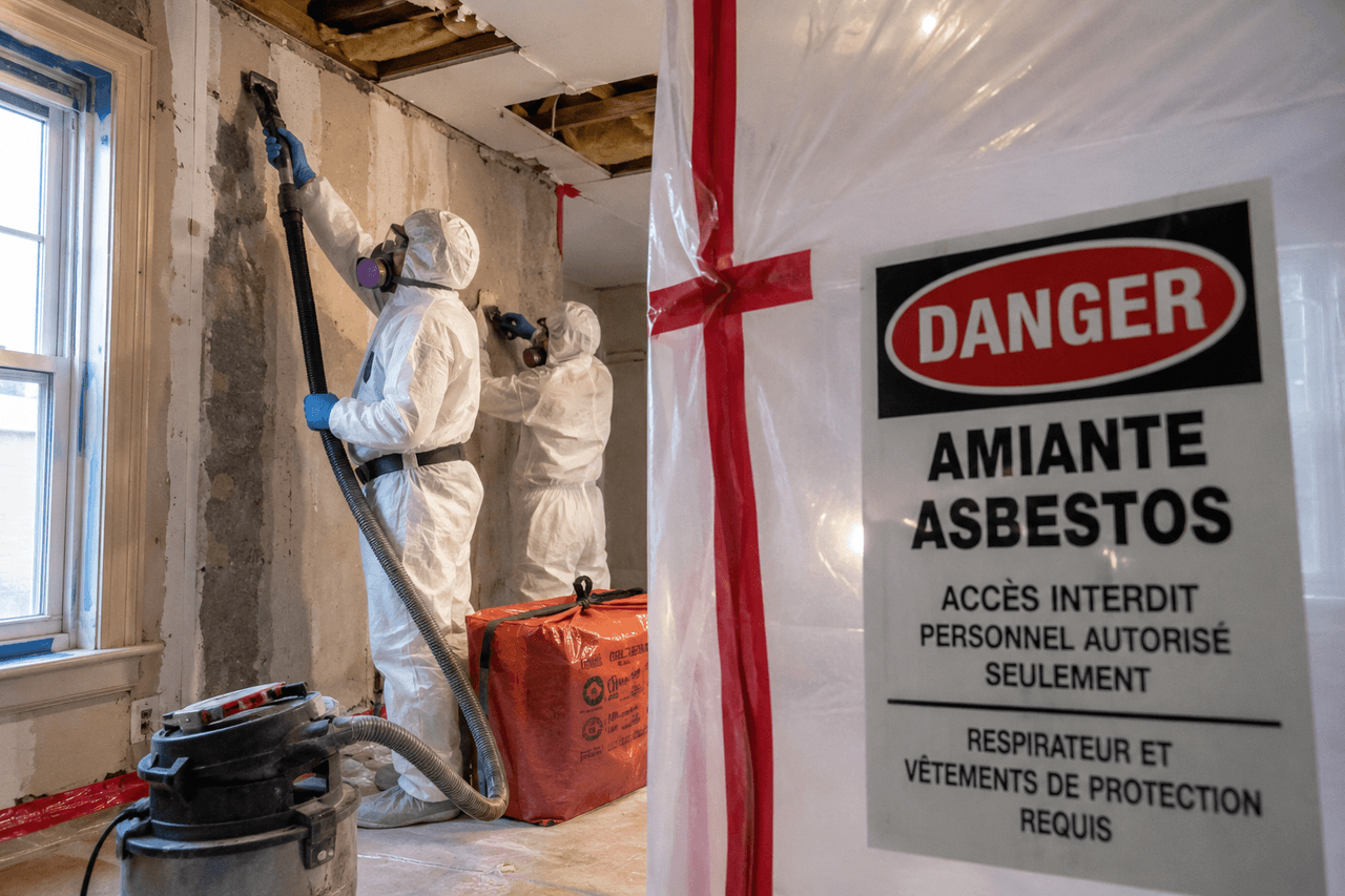 Travaux de décontamination de l’amiante dans une pièce confinée, avec travailleurs en combinaison de protection, respirateurs, système d’aspiration et zone d’accès restreint.