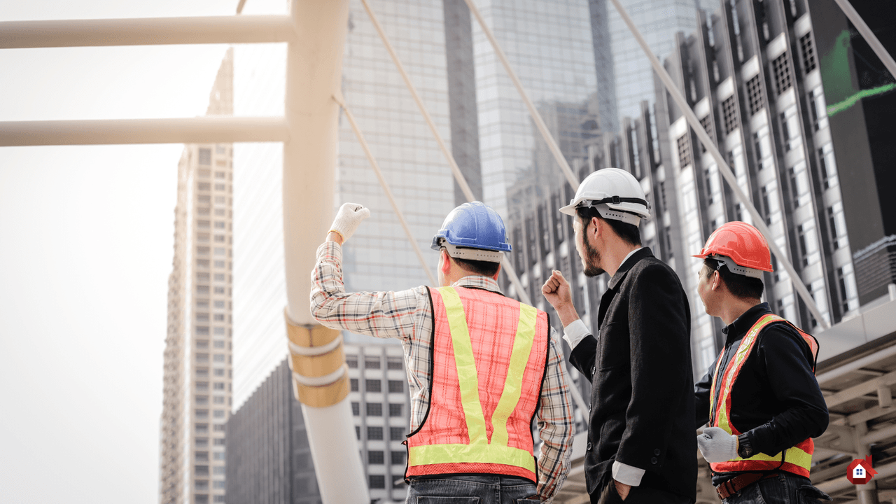 Vue de dos de trois professionnels de la construction portant des casques et des gilets haute visibilité, levant le poing en signe de succès devant des gratte-ciels