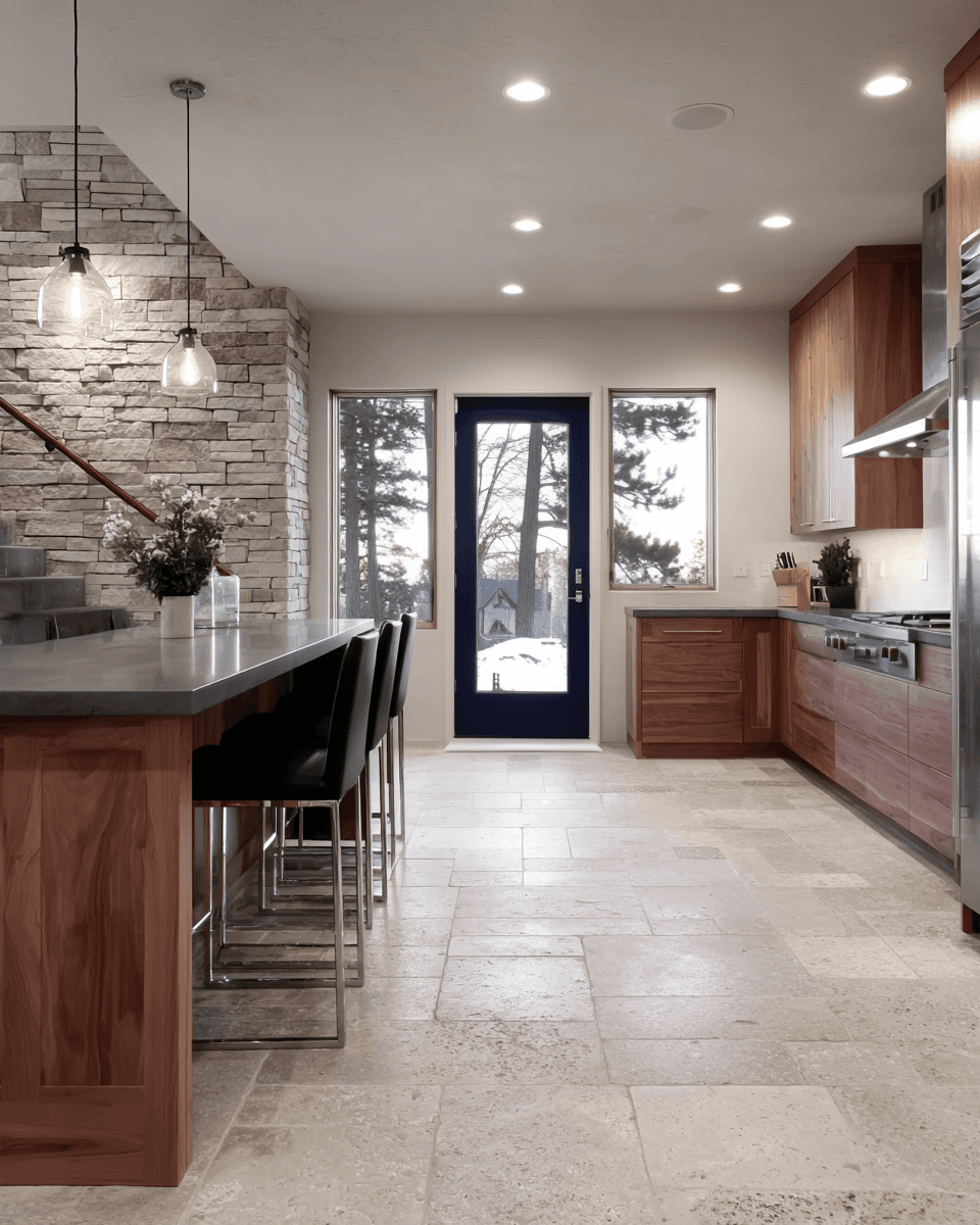 Cuisine moderne avec armoires en bois, îlot central, mur de pierre naturelle et plancher en pierre