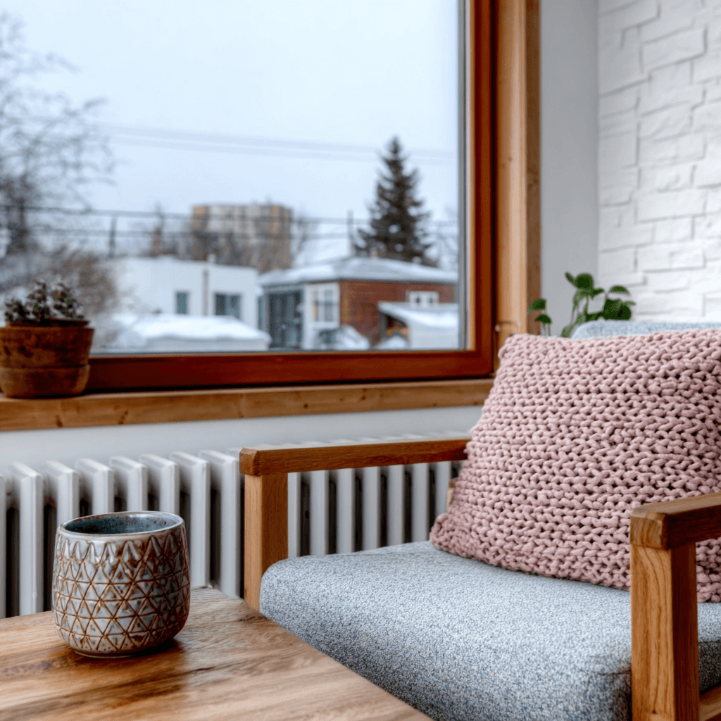 Salon lumineux avec fauteuil en bois, coussin tricoté, grande fenêtre et radiateur sous fenêtre dans un intérieur chaleureux