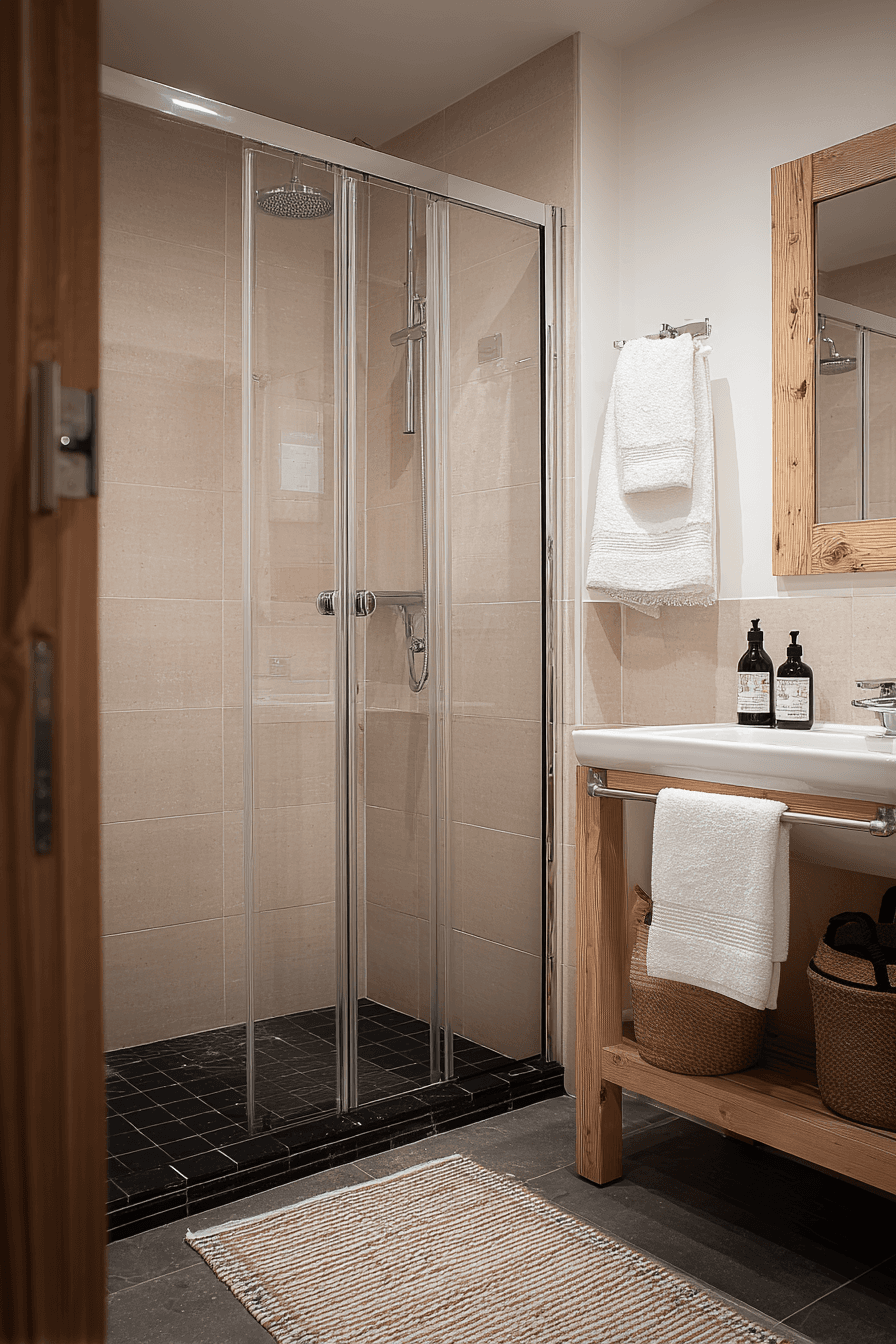 Salle de bain moderne avec douche vitrée, carrelage beige, plancher foncé et vanité en bois naturel