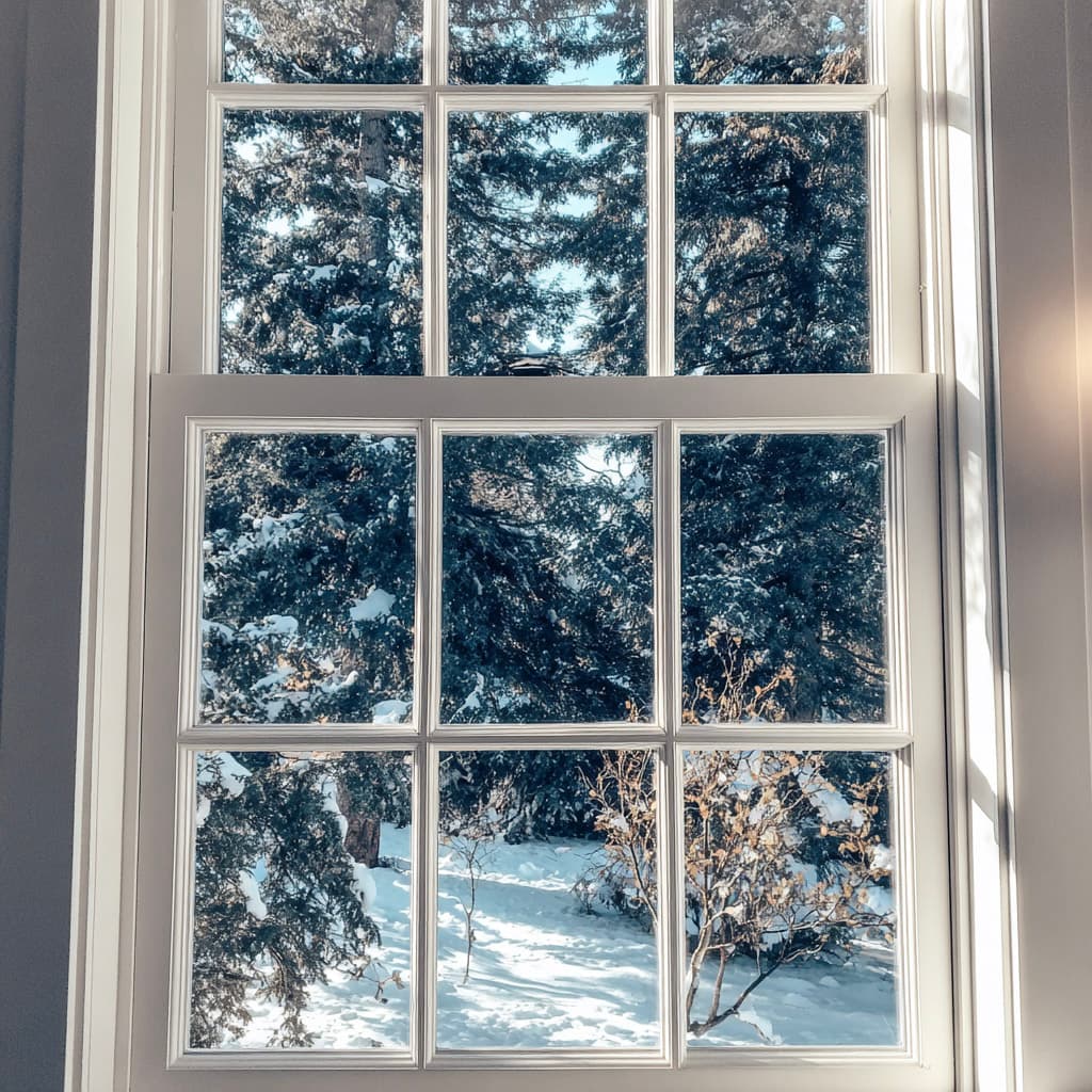 Fenêtre à carreaux blancs avec vue sur un paysage hivernal enneigé et arbres matures