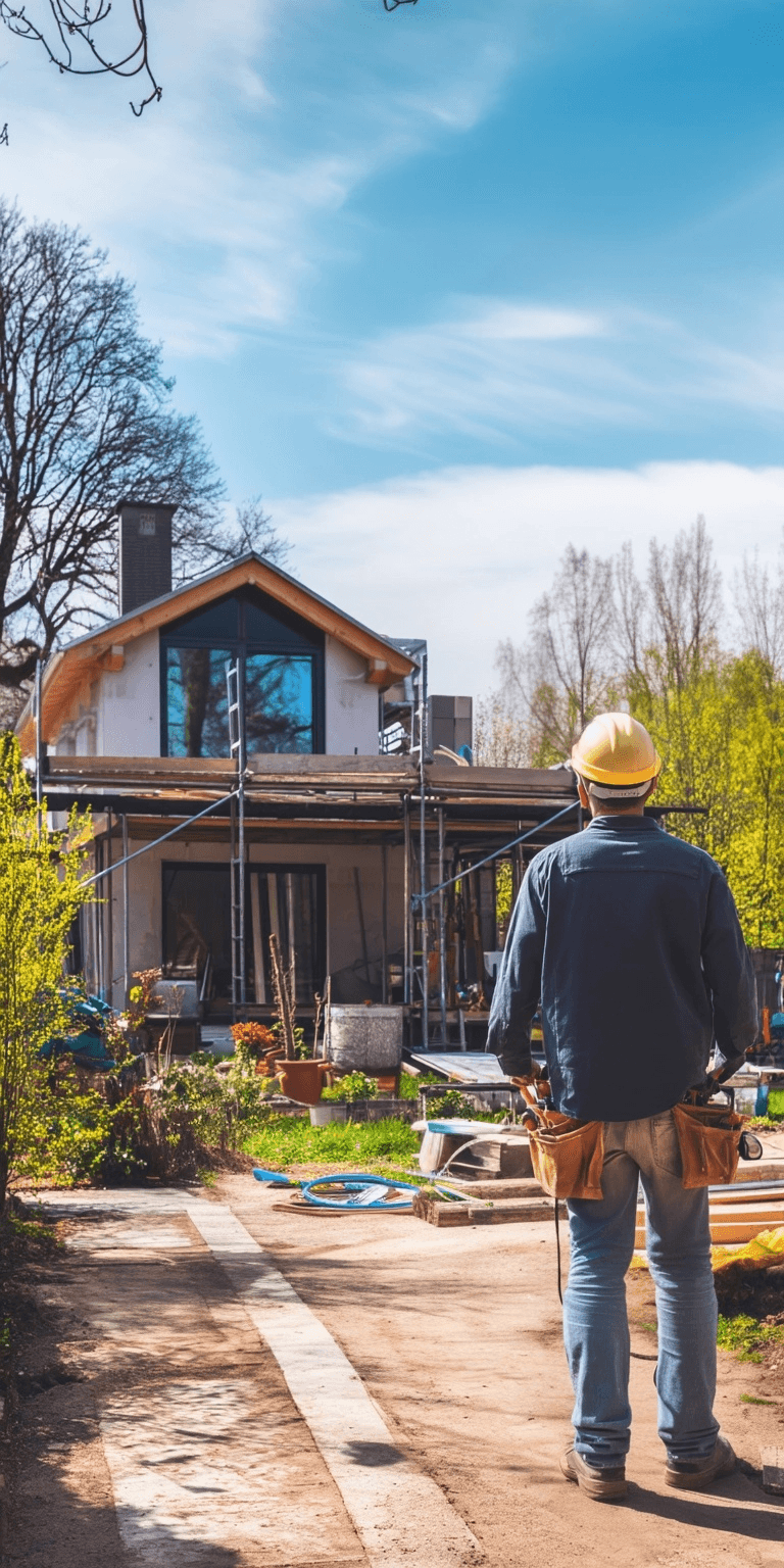 Maison en construction avec échafaudage et ouvrier casque regardant rénovation extérieure dans jardin résidentiel