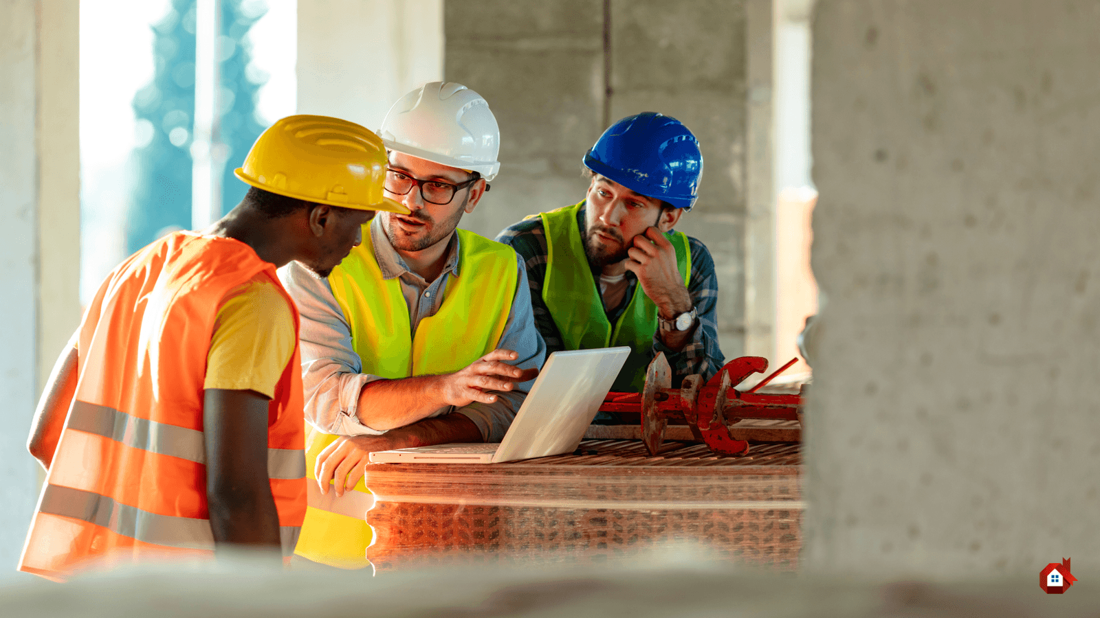 trois personnes devant un ordinateur sur un chantier de construction