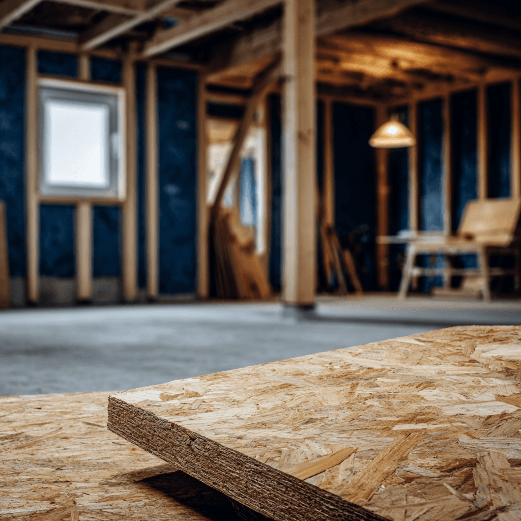 Panneau OSB en gros plan dans un intérieur en construction avec ossature en bois, isolation murale et espace de rénovation non fini