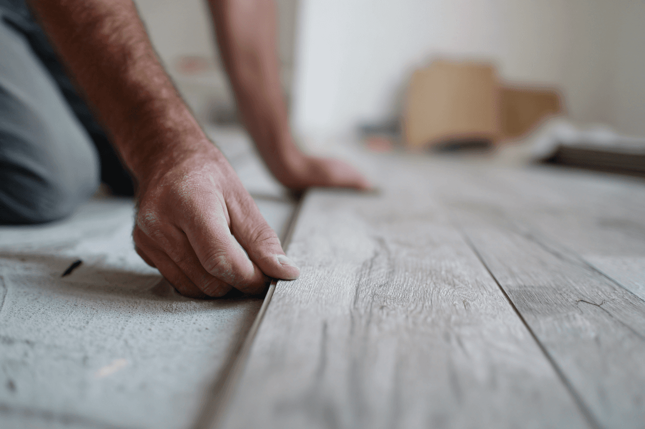 Installation de plancher flottant effet bois par un professionnel lors d’une rénovation résidentielle