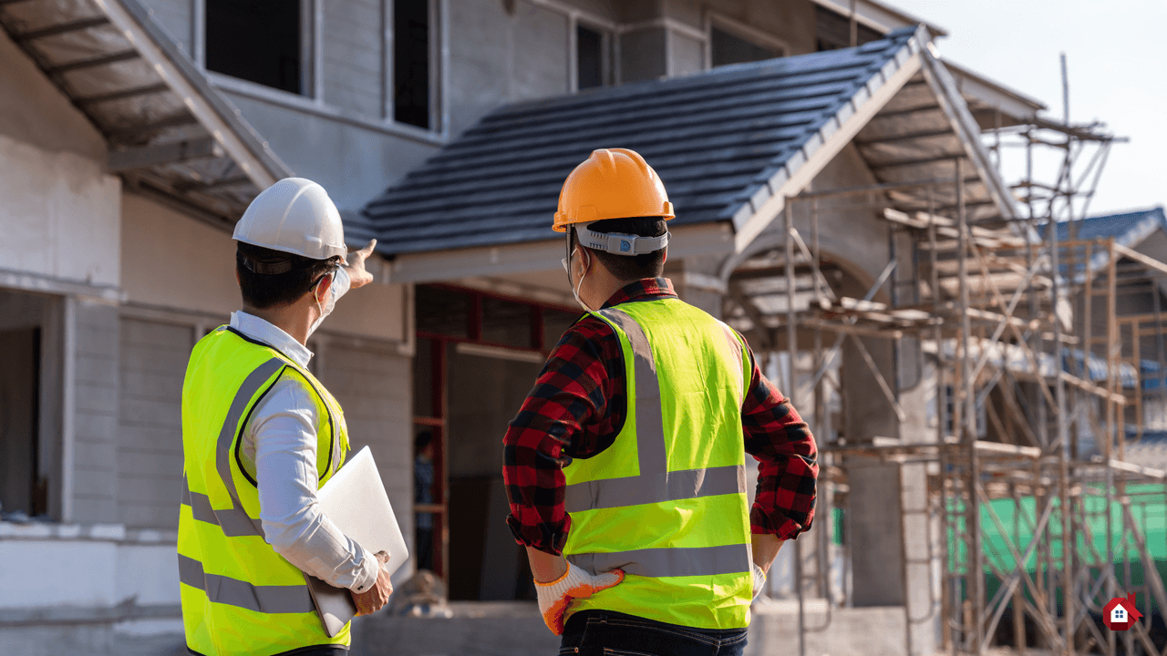 Deux superviseurs de la construction portant des casques et des gilets de sécurité inspectant l'extérieur d'une maison en construction