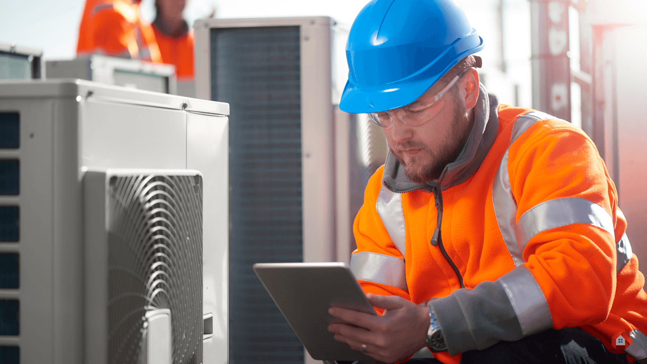 Technicien en CVC portant un casque bleu, des lunettes de sécurité et un gilet orange, analysant des données sur une tablette devant de gros climatiseurs extérieurs