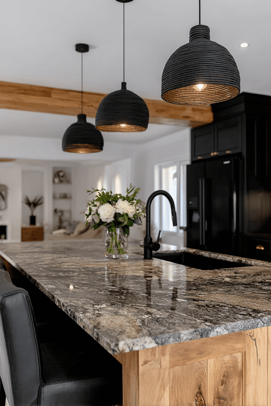 Cuisine moderne avec îlot en pierre naturelle, suspensions noires, armoires noires, robinet noir et accents de bois chaleureux