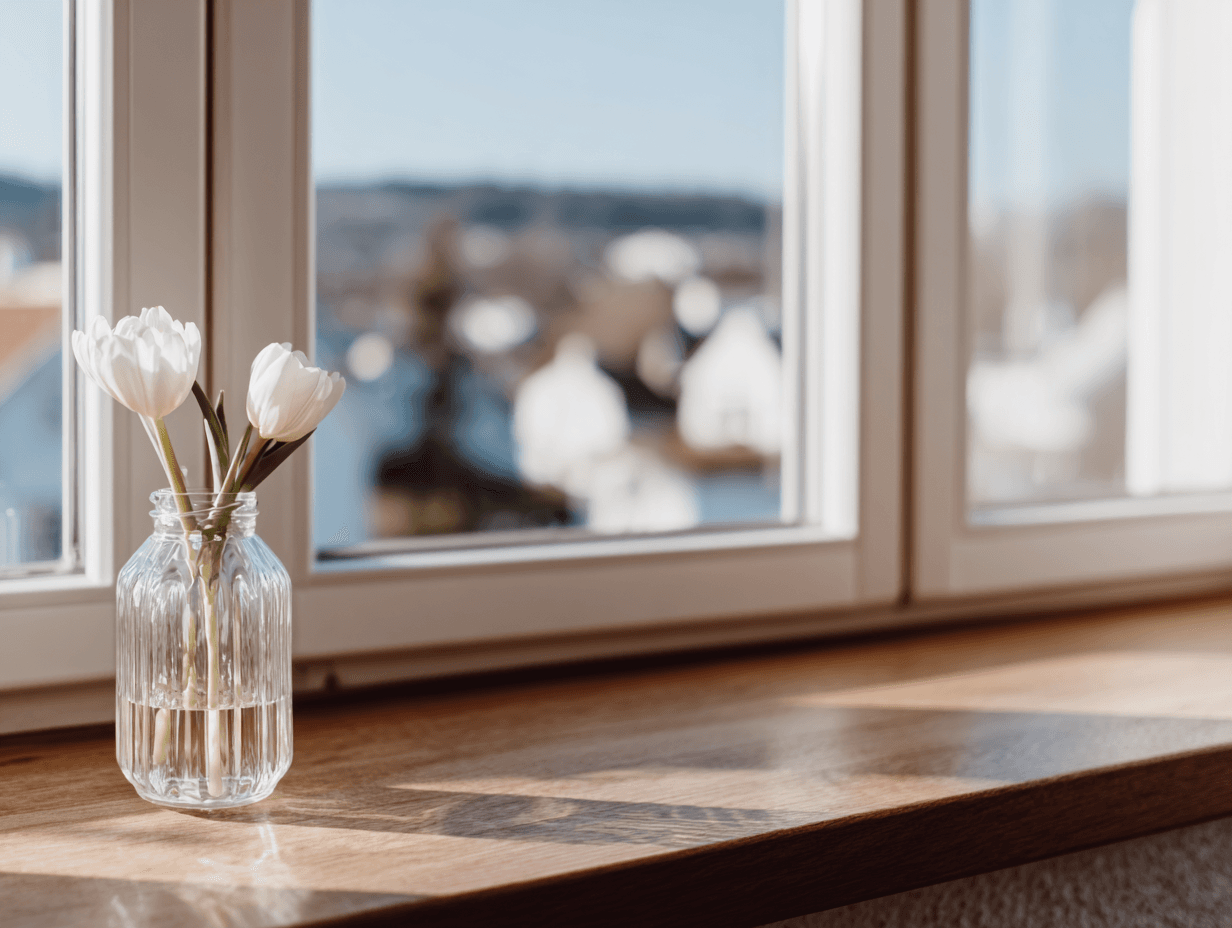Vase en verre avec tulipes blanches sur rebord de fenêtre en bois avec vue extérieure floue et lumière naturelle