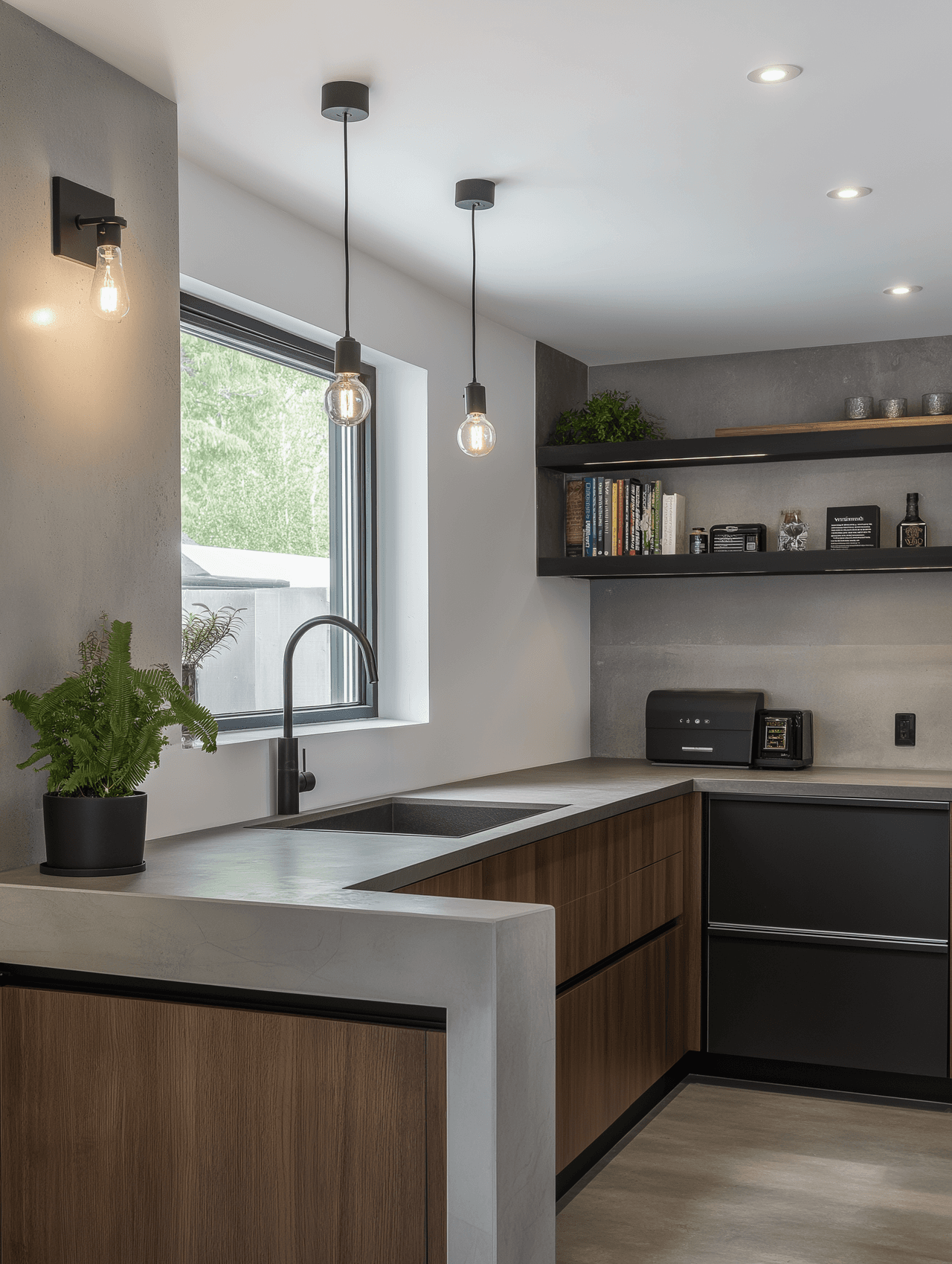 Cuisine contemporaine avec comptoir gris, armoires en bois, robinet noir, luminaires suspendus, étagères murales et plantes décoratives