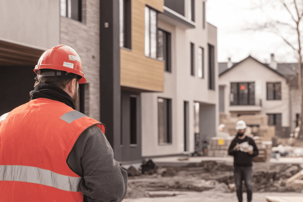 Entrepreneur en casque et veste de sécurité observant un chantier résidentiel avec maisons modernes en construction et matériaux de rénovation en arrière-plan.