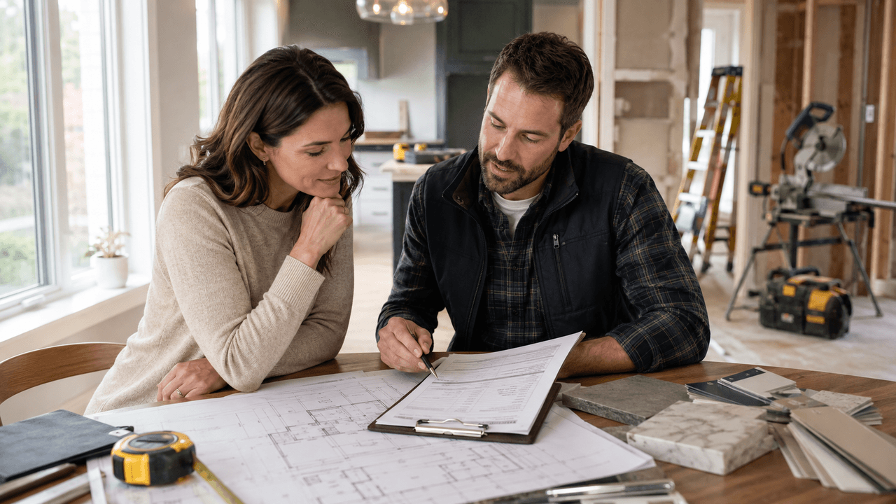 Propriétaire discutant d’un projet de rénovation avec un entrepreneur à partir de plans, documents et échantillons de matériaux dans une maison en travaux
