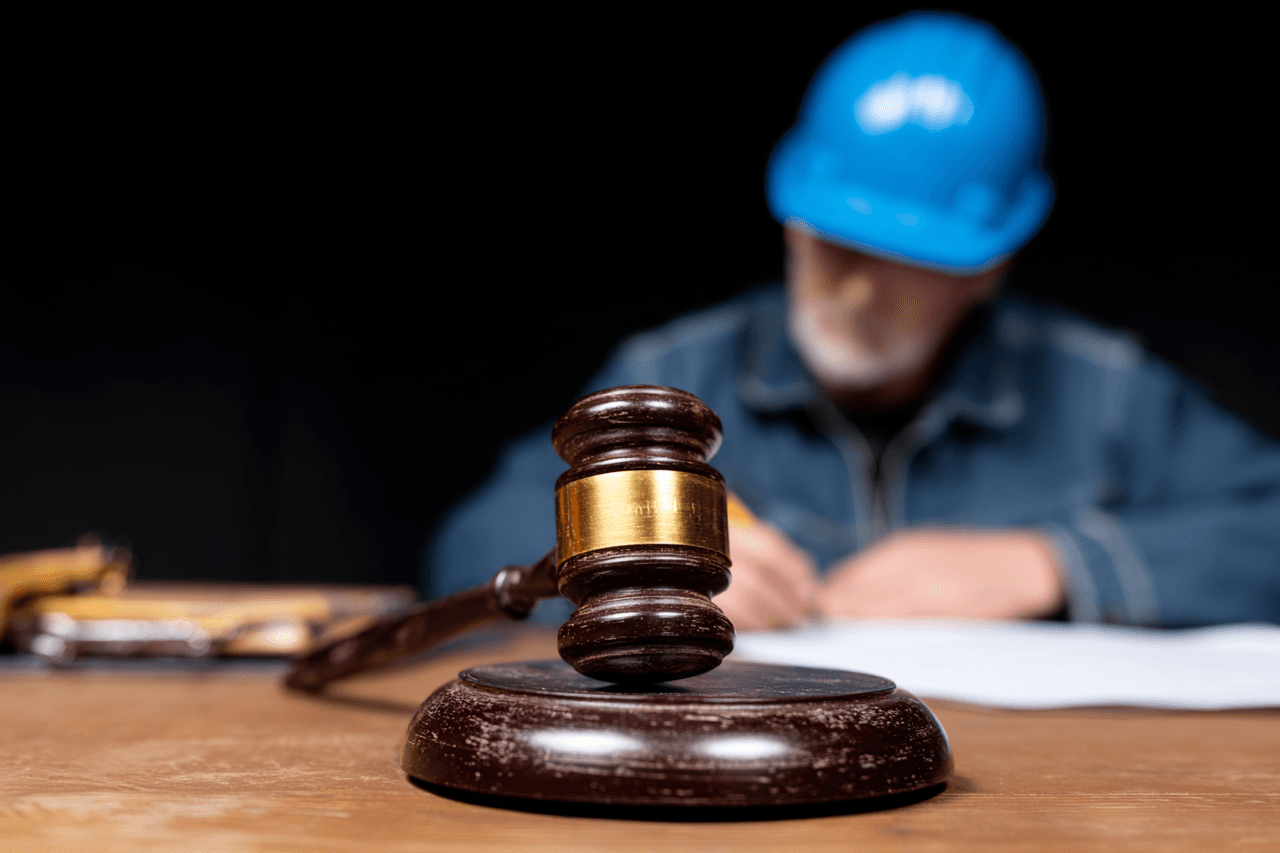 Un notaire et un travailleur en construction signent des papiers dans un bureau de notaires.
