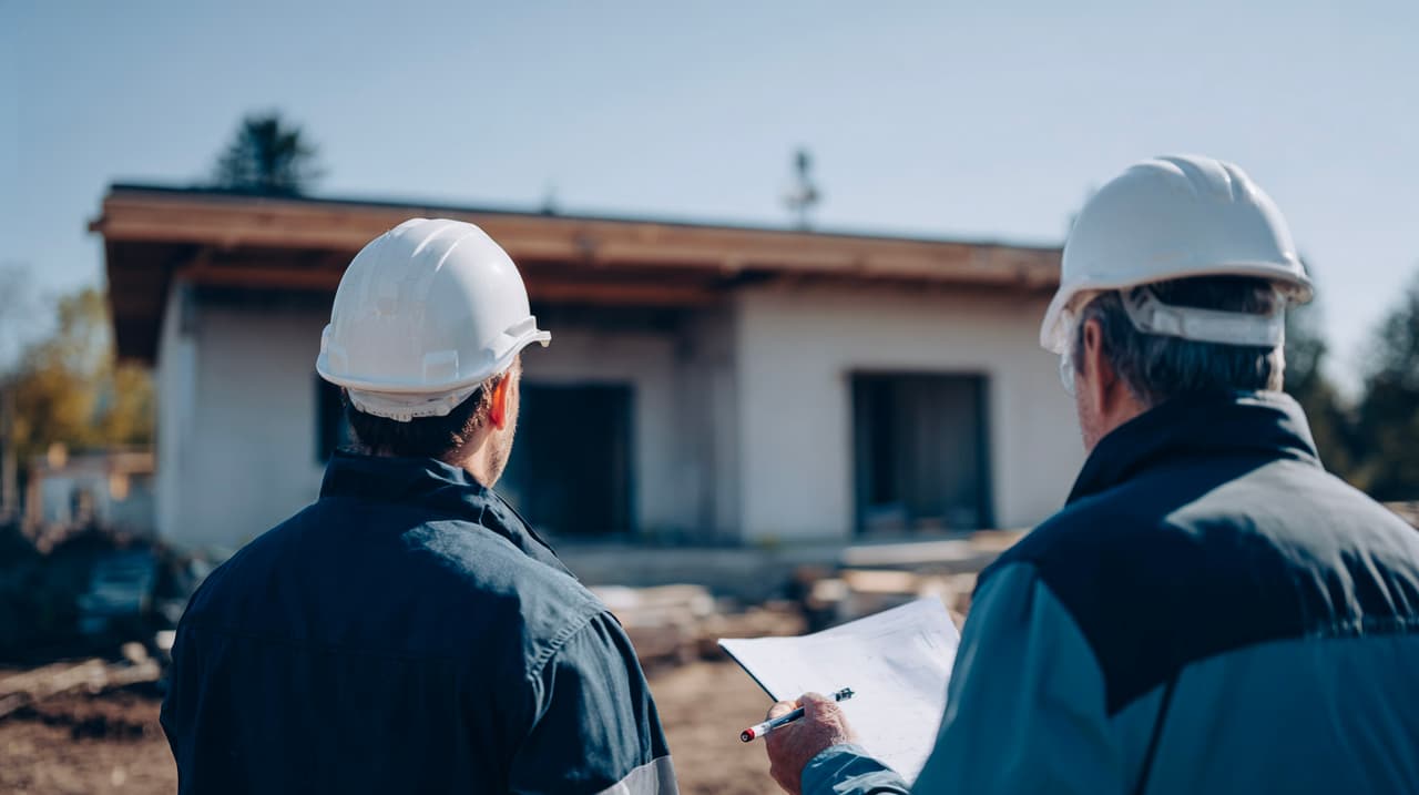 Deux professionnels du bâtiment portant des casques de sécurité inspectent un chantier de construction résidentielle.