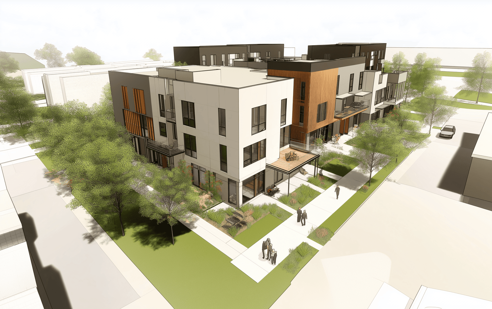 Rendu architectural 3D de maisons en rangée modernes avec façades en bois et blanc, espaces verts paysagers et allées piétonnes.