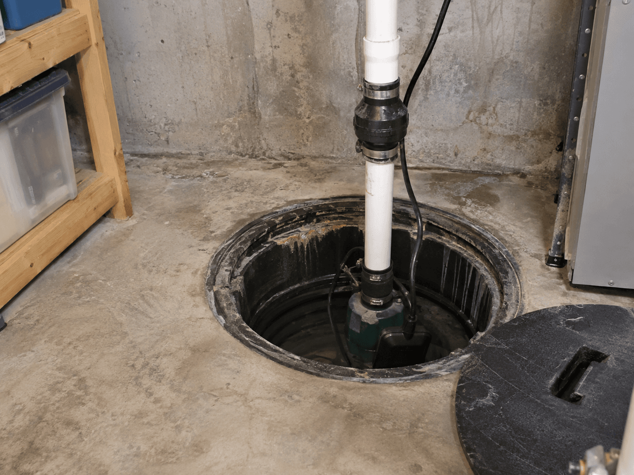 Pompe de puisard installée dans un bassin au sous-sol avec tuyau d’évacuation en PVC, destinée à contrôler l’accumulation d’eau près des fondations
