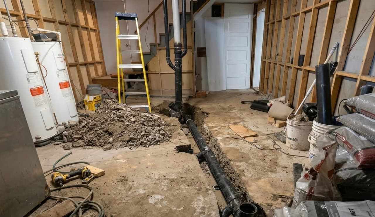 Sous-sol de maison en chantier avec des murs mis à nu, des réservoirs d'eau chaude et une tranchée creusée dans le béton laissant apparaître un long tuyau de drainage noir