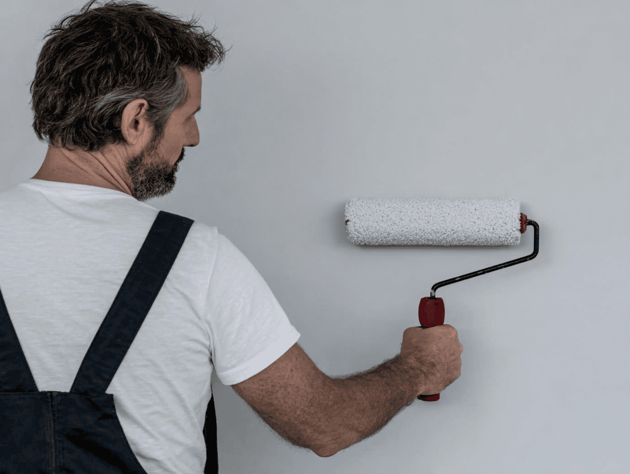 Peintre en salopette blanche utilisant un rouleau pour peindre un mur gris clair