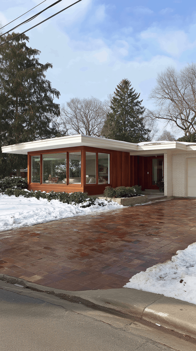 Maison moderne de plain-pied avec grande fenestration, revêtement en bois, entrée pavée en briques et aménagement paysager hivernal
