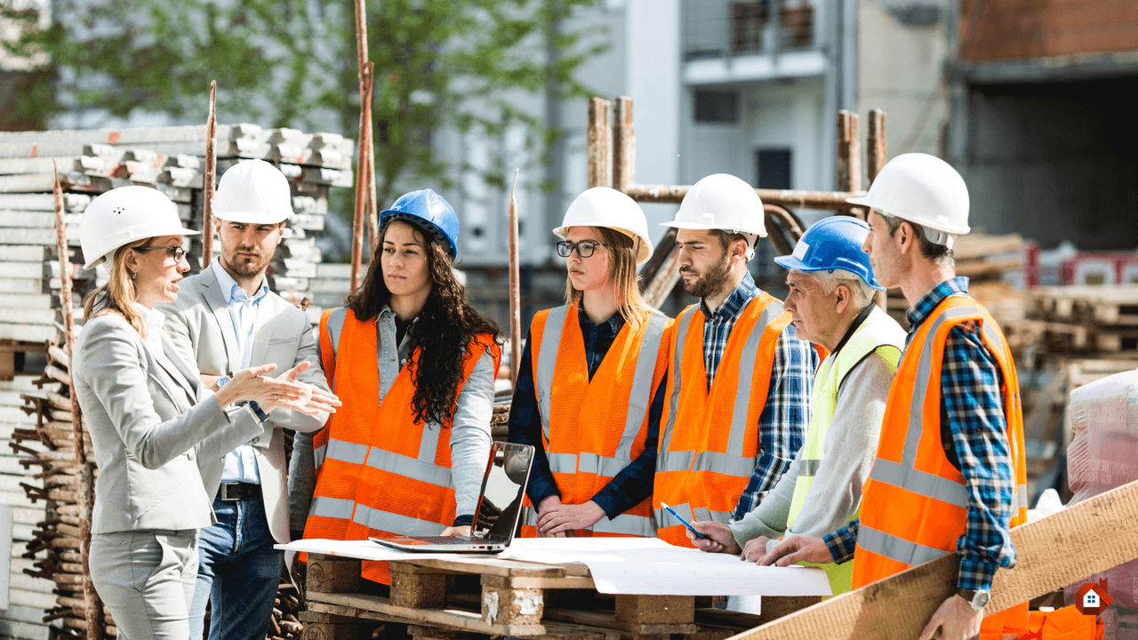 Équipe de gestionnaires et de travailleurs de la construction portant des casques et des gilets haute visibilité, discutant autour de plans de bâtiments sur un chantier