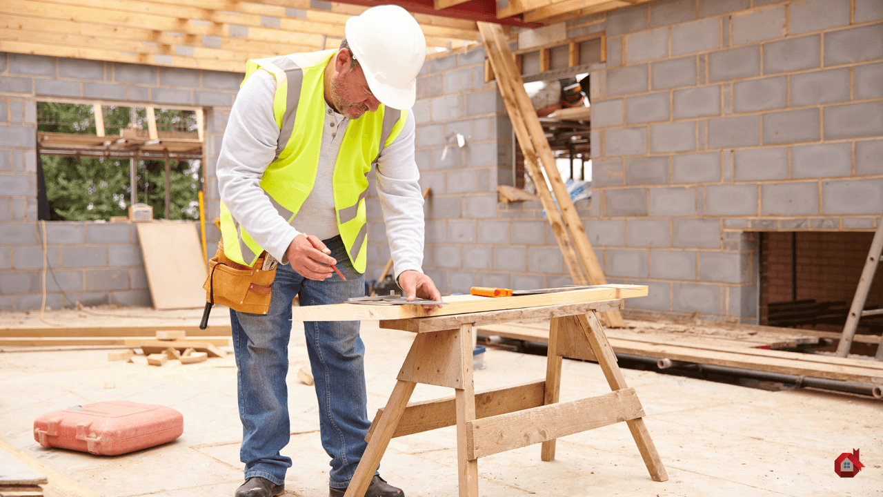 Charpentier professionnel mesurant une structure en bois sur un chantier résidentiel