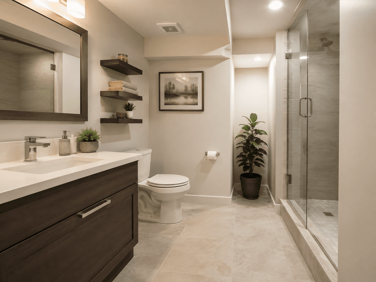 Salle de bain moderne rénovée avec douche en verre, meuble-lavabo en bois, grande vanité, rangement mural, éclairage encastré et finition contemporaine