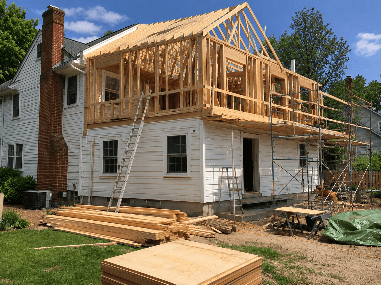 Agrandissement résidentiel en construction avec charpente en bois sur deux niveaux, fermes de toit apparentes, échafaudage, échelles et matériaux de chantier