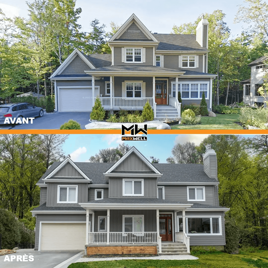 Comparaison avant et après d’une maison résidentielle agrandie et rénovée avec modification de la façade, ajout de volume, nouveau revêtement extérieur, fenêtres et galerie avant