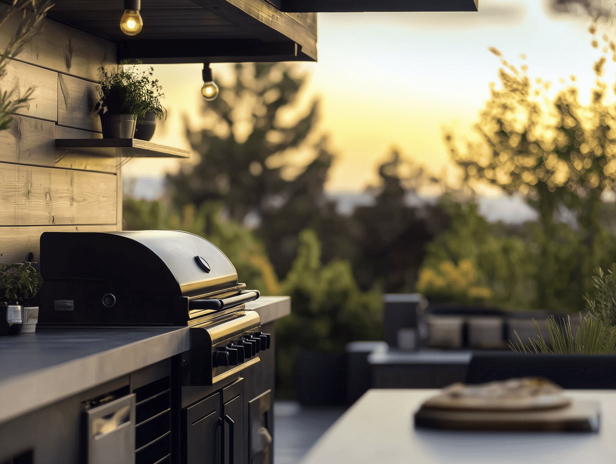 Cuisine d'extérieur moderne avec barbecue encastré, plans de travail sombres, luminaires suspendus et coin repas donnant sur un jardin au coucher du soleil.