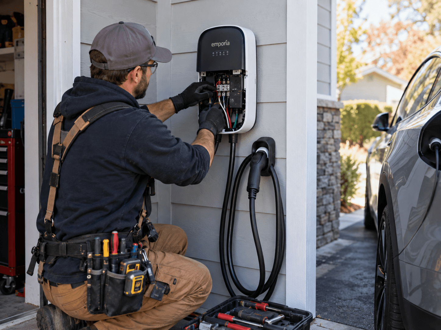 Électricien effectuant le câblage et l'installation d'une borne de recharge résidentielle pour véhicule électrique sur le mur extérieur d'une maison, près d'une voiture branchée / Electrician wiring and installing a residential electric vehicle charging station on the exterior wall of a house next to a plugged-in electric car