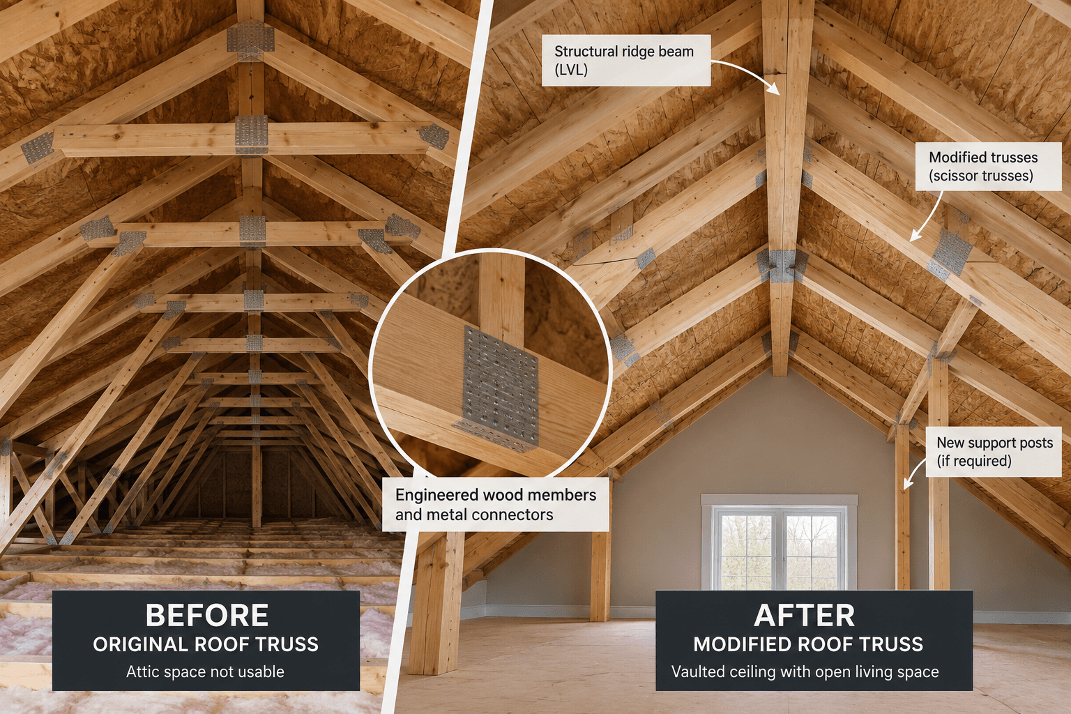 Comparaison avant-après d’une charpente de toiture résidentielle montrant des fermes d’origine transformées en fermes modifiées avec poutre faîtière structurale, poteaux de soutien et plafond cathédrale
