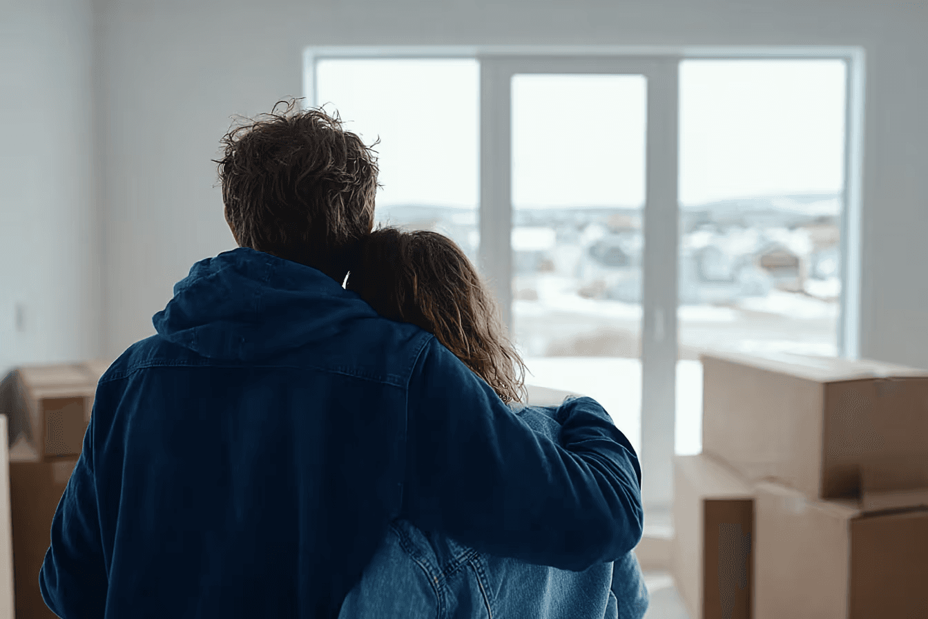 Couple vu de dos dans une pièce lumineuse avec plusieurs boîtes de déménagement, regardant par une grande fenêtre vers un quartier résidentiel.