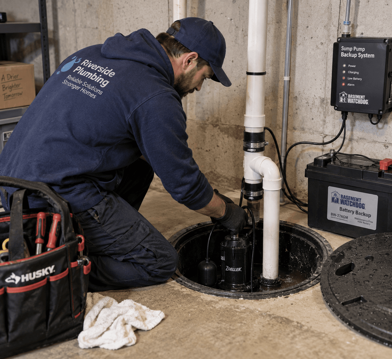 Technicien en plomberie entretenant une pompe de puisard dans un sous-sol avec tuyauterie en PVC, système de batterie de secours et équipement de drainage