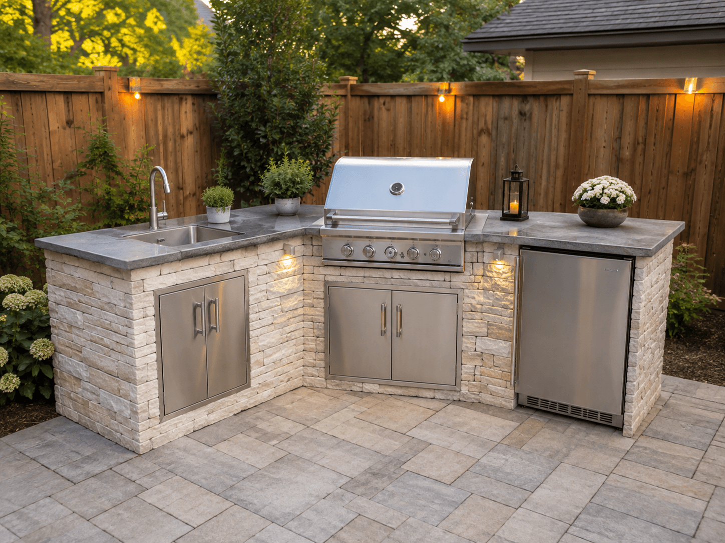 Cuisine d'été en pierre avec barbecue encastré, évier, réfrigérateur, plans de travail et éclairage d'ambiance, aménagée sur une terrasse dallée.