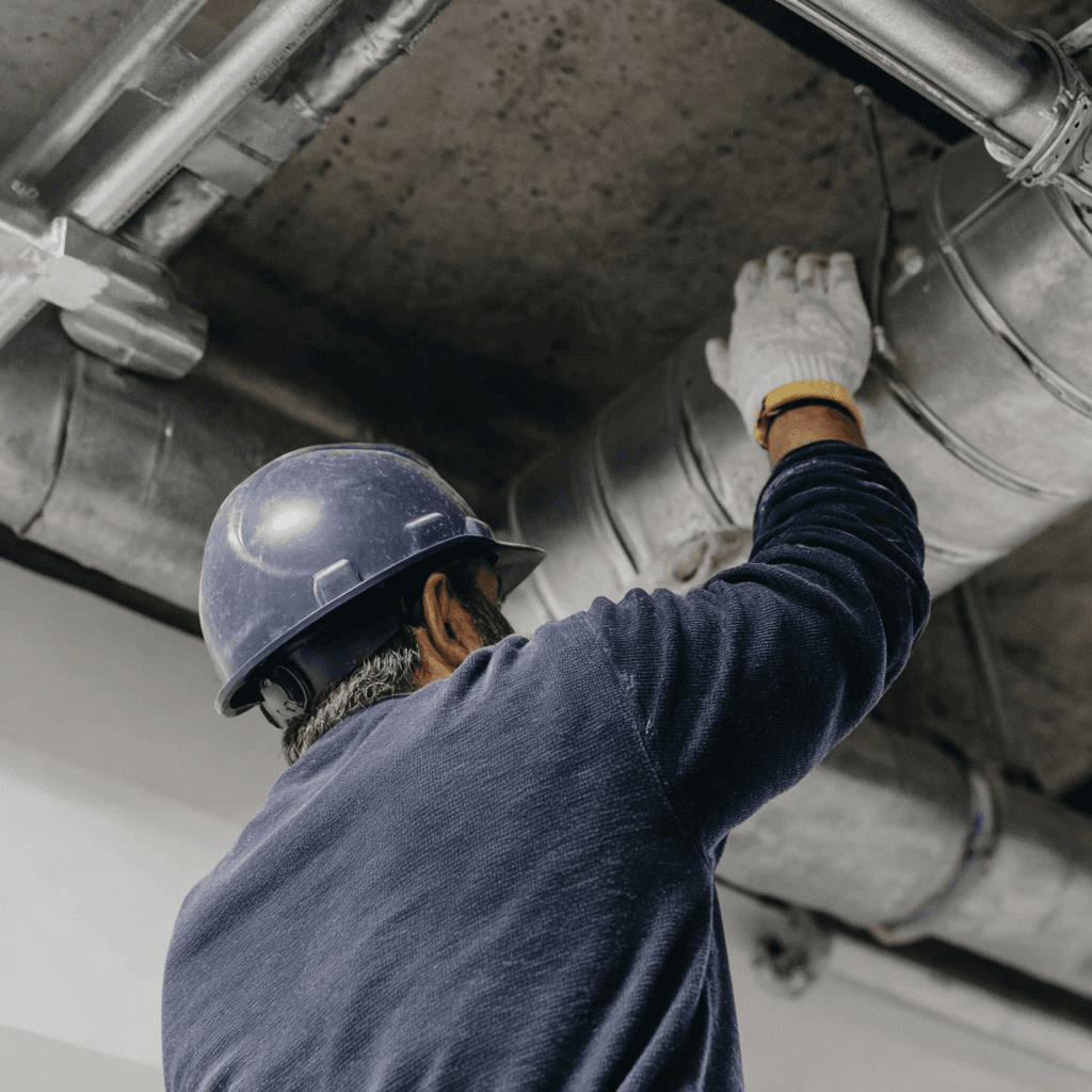 Technicien en ventilation inspectant ou ajustant des conduits métalliques au plafond dans un bâtiment en rénovation.