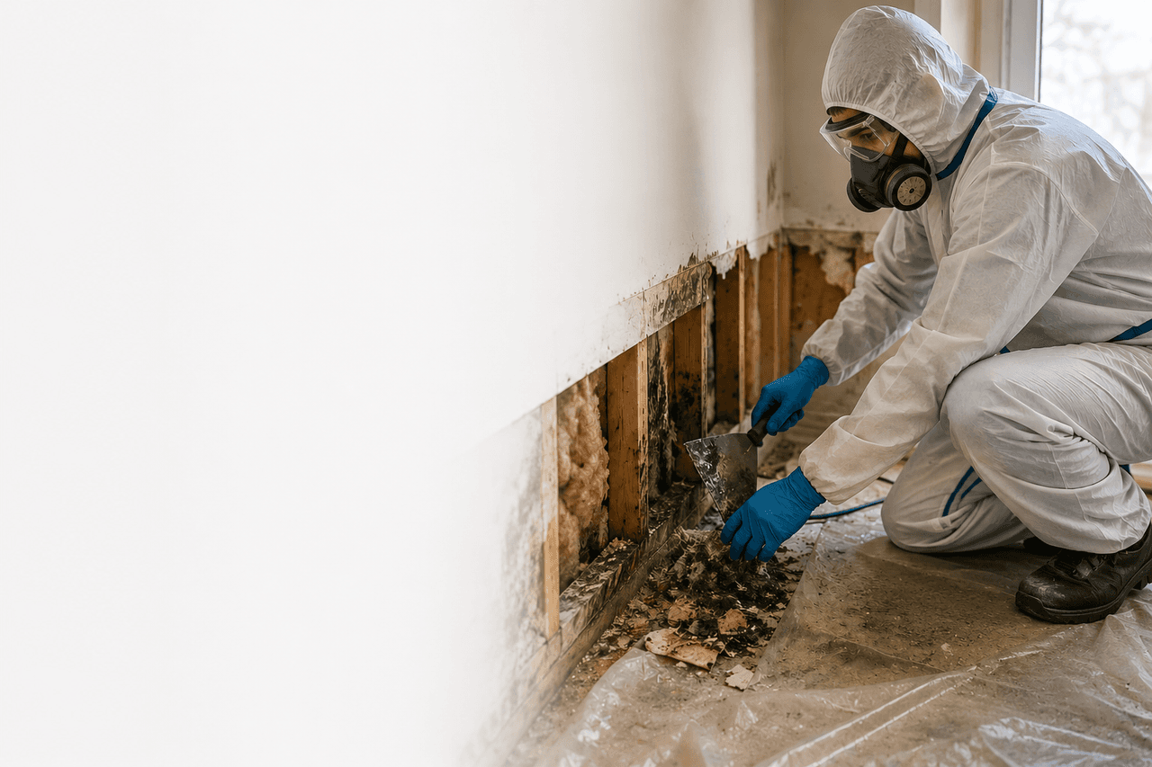 Travailleur en combinaison de protection retirant des matériaux contaminés par la moisissure à la base d’un mur intérieur endommagé.