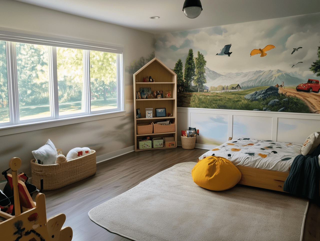 Chambre d'enfant lumineuse dotée d'une grande murale représentant un paysage de montagnes, de forêt et d'oiseaux, meublée d'un lit en bois et d'une étagère en forme de maison
