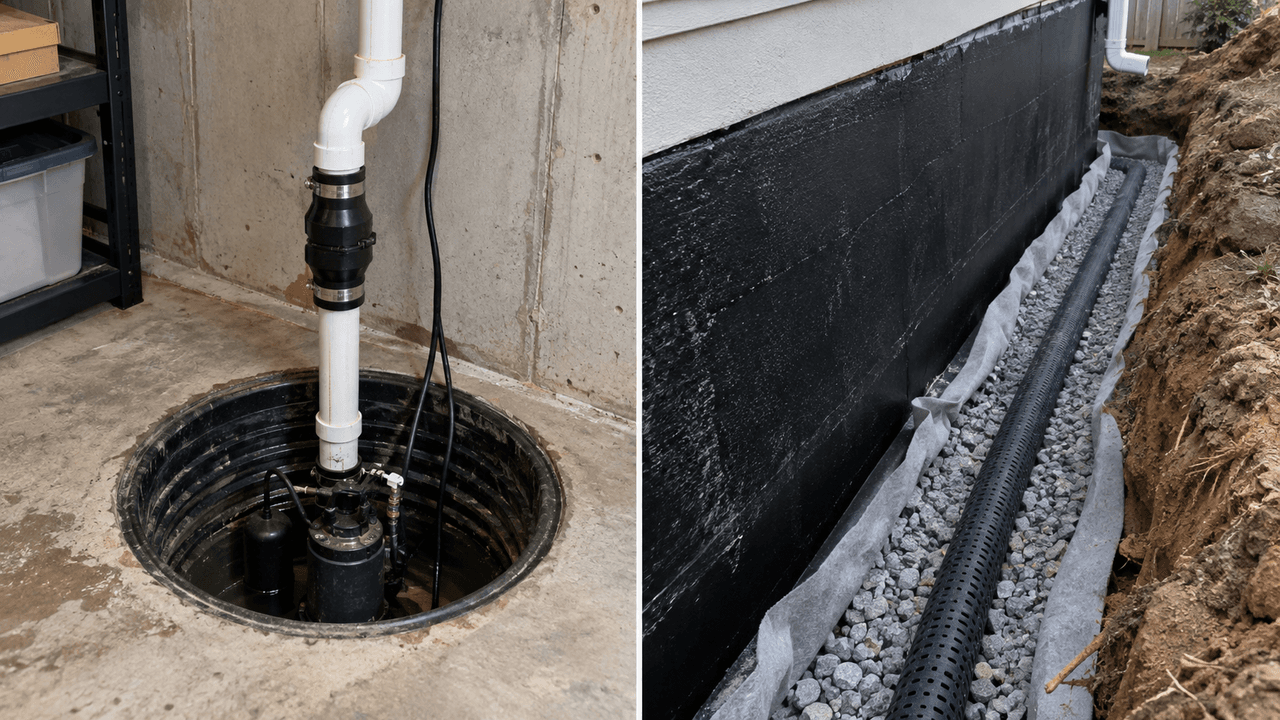 Comparaison entre une pompe de puisard installée dans un sous-sol et un drain français extérieur avec membrane d’imperméabilisation le long des fondations